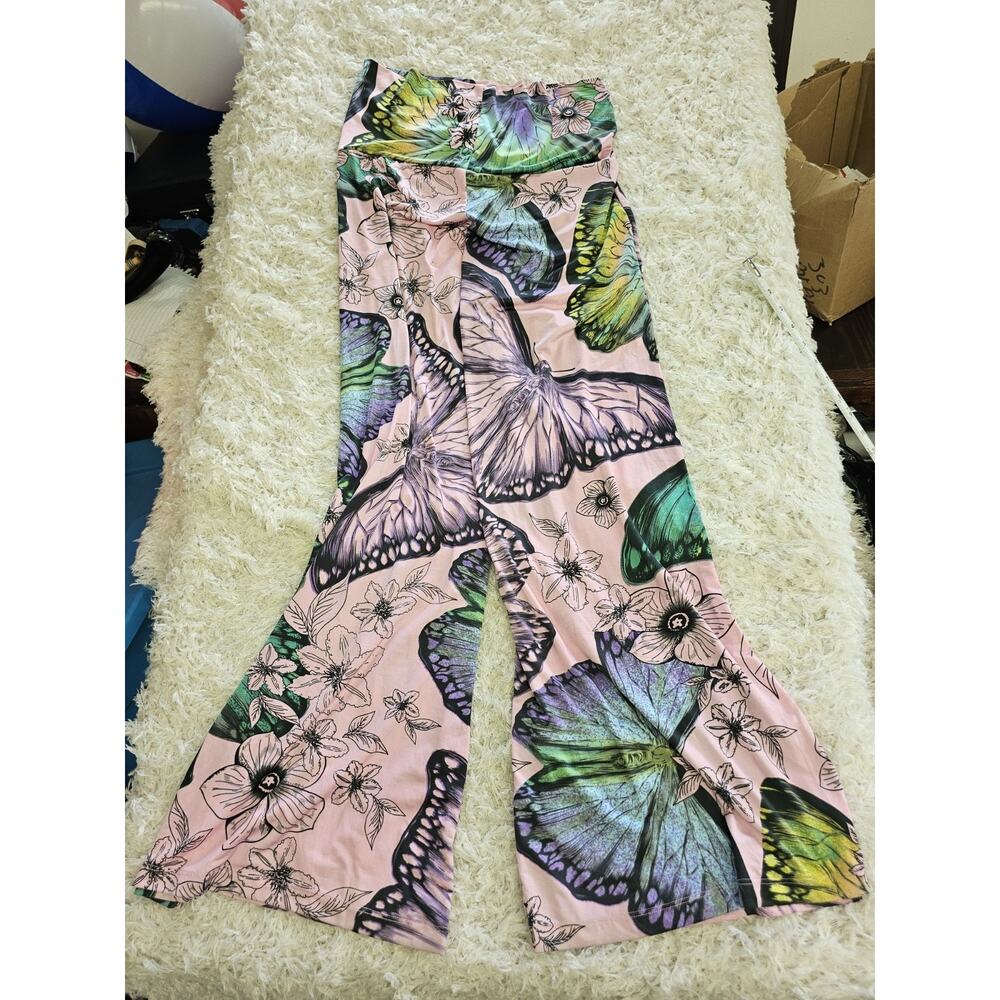 White Mark Women XL Palazzo Pants Butterfly Print Pink Wide Leg Fit Flare Boho - Picture 6 of 7